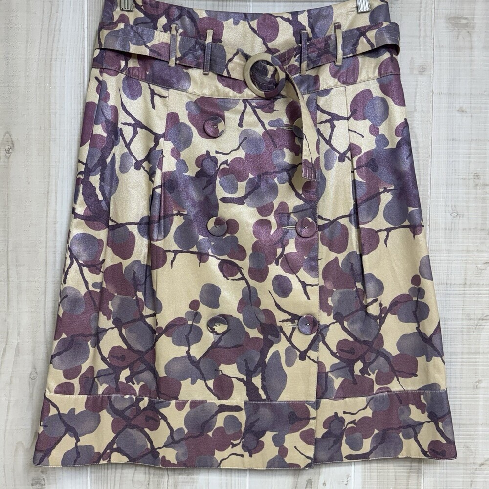 Y2K Belted A-Line Wrap Skirt‎ Satin Botanical Button Front EU 36 Jacquard